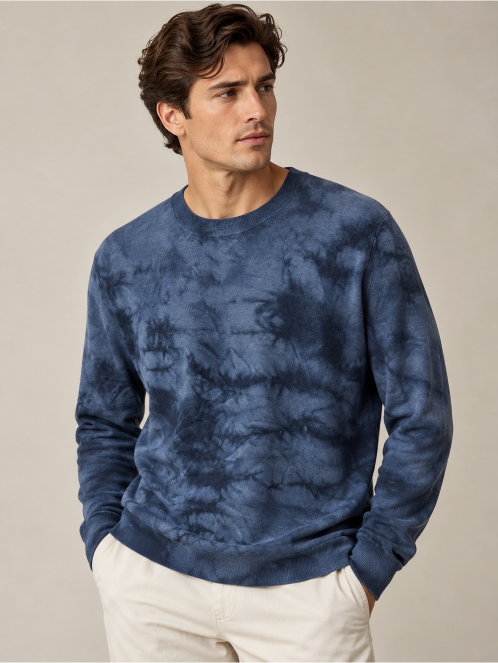 Theory Men’s XL 100% Merino Wool Navy Tie Dye Crewneck Sweater Luxury
